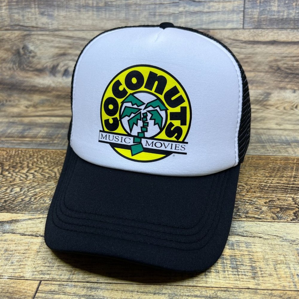 Defunct Coconuts Music And Movies Mens Trucker Hat Black Snapback Baseball Cap